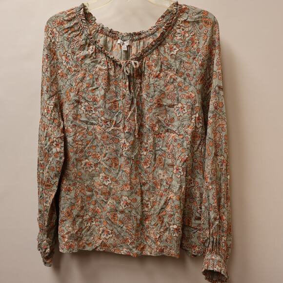 Patrons of Peace Peasant Blouse Fuffle Tie Front, Elastic Sleeves Sz L - Picture 1 of 14